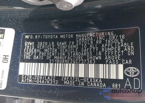 2016 Toyota Corolla S Premium from USA, damaged, VIN 2T1BURHE2GC737363